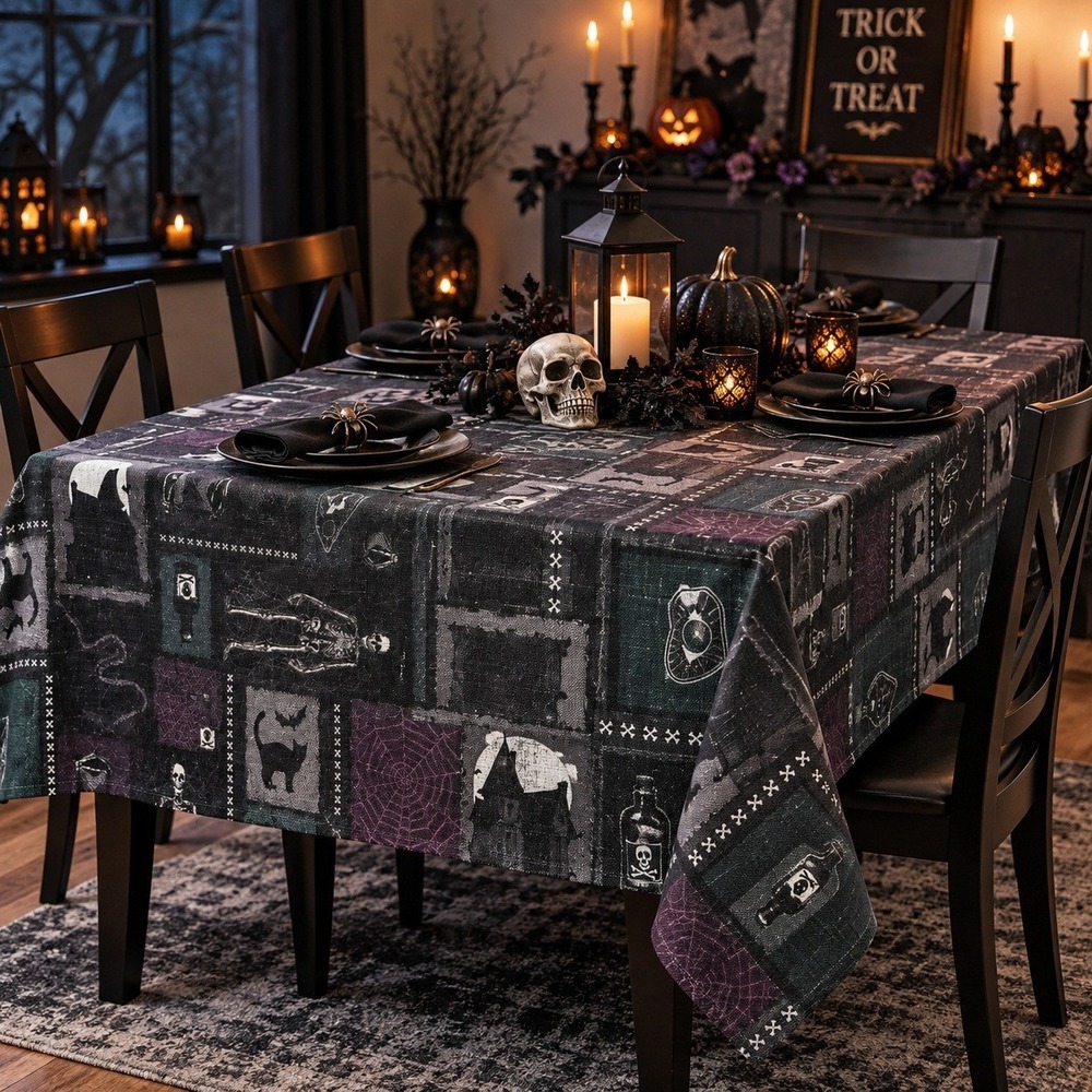 Dark Enchantment Halloween Fabric Tablecloth 52x70 inch Spooky Gothic Metallic